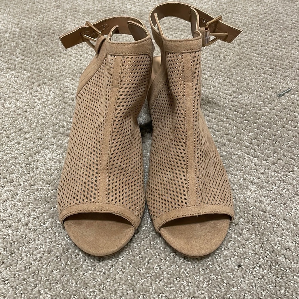 Suede laser cut peep toe sandal with wooden heel